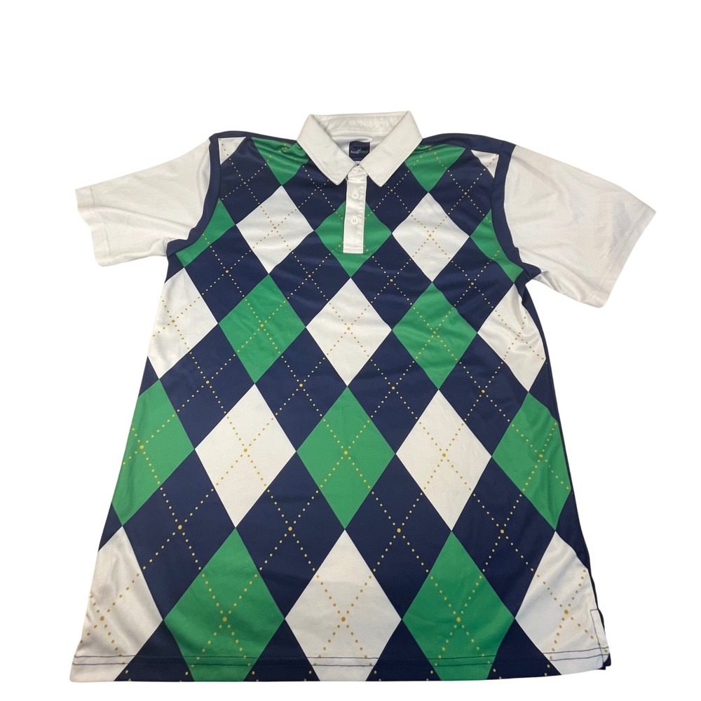 ReadyGOLF Mens Med Polo Shirt Blue White Green Geometric Polka Dot Short Sleeve